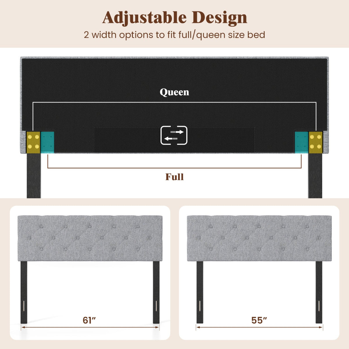 Upholstered Tufted Headboard Queen/Full Size with Adjustable Legs