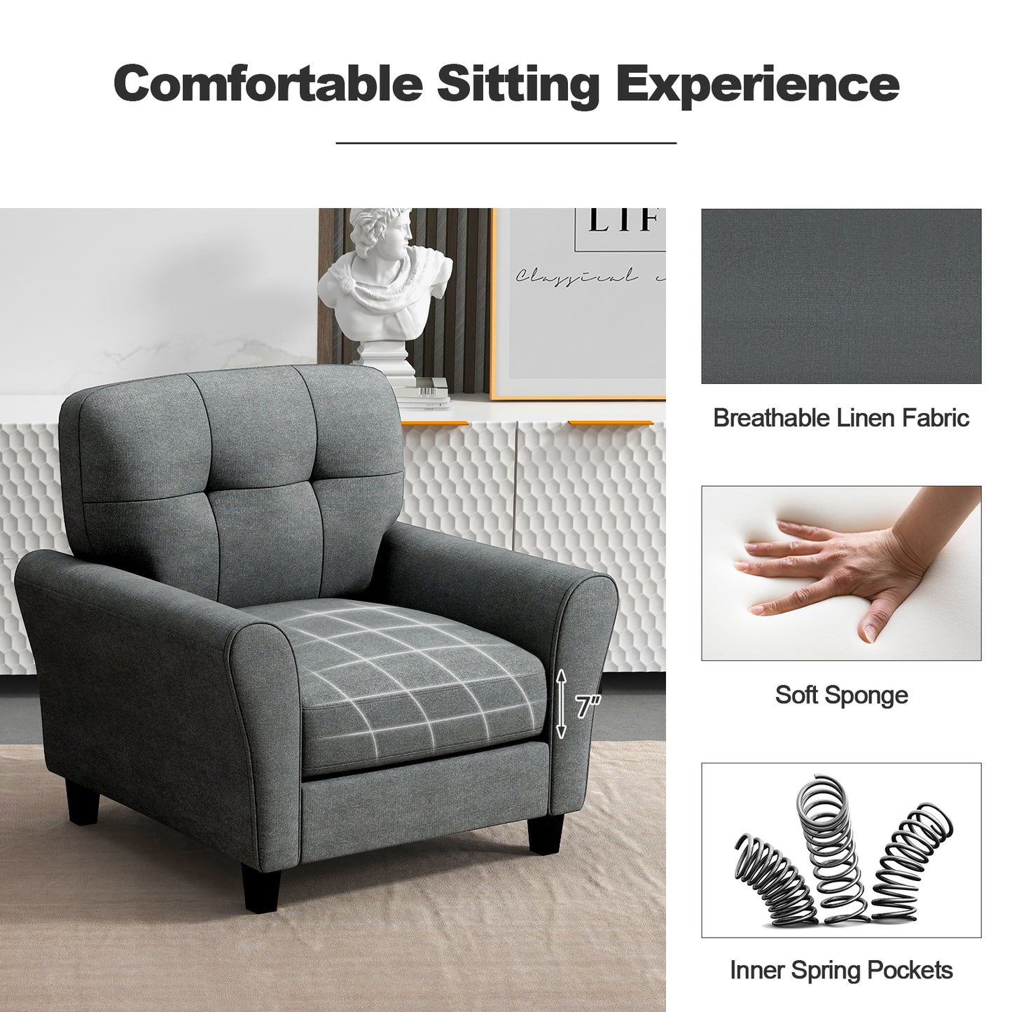 Upholstered Accent Chair with Rubber Wood Legs