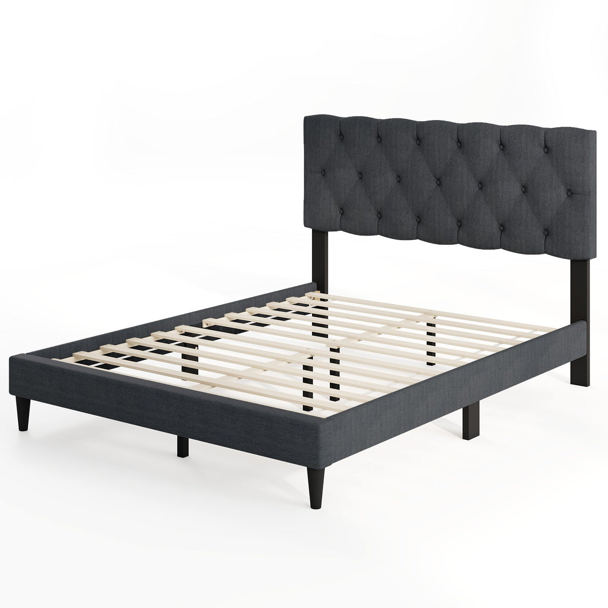 Upholstered Platform Bed with Tufted Headboard and Wooden Slats Gray