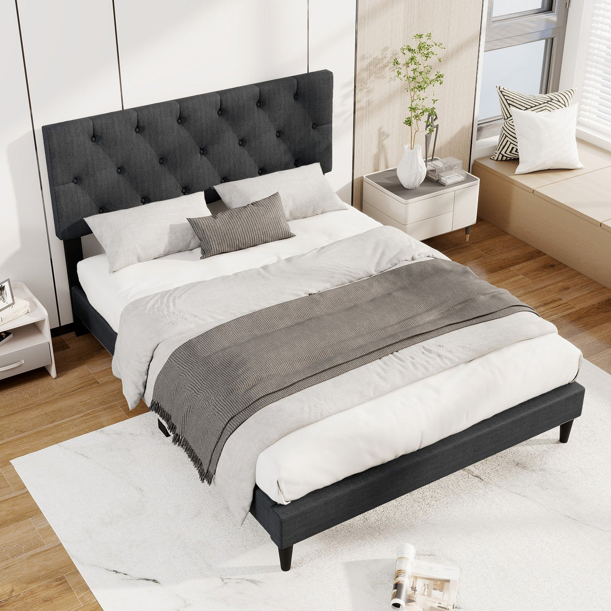Upholstered Platform Bed with Tufted Headboard and Wooden Slats Gray