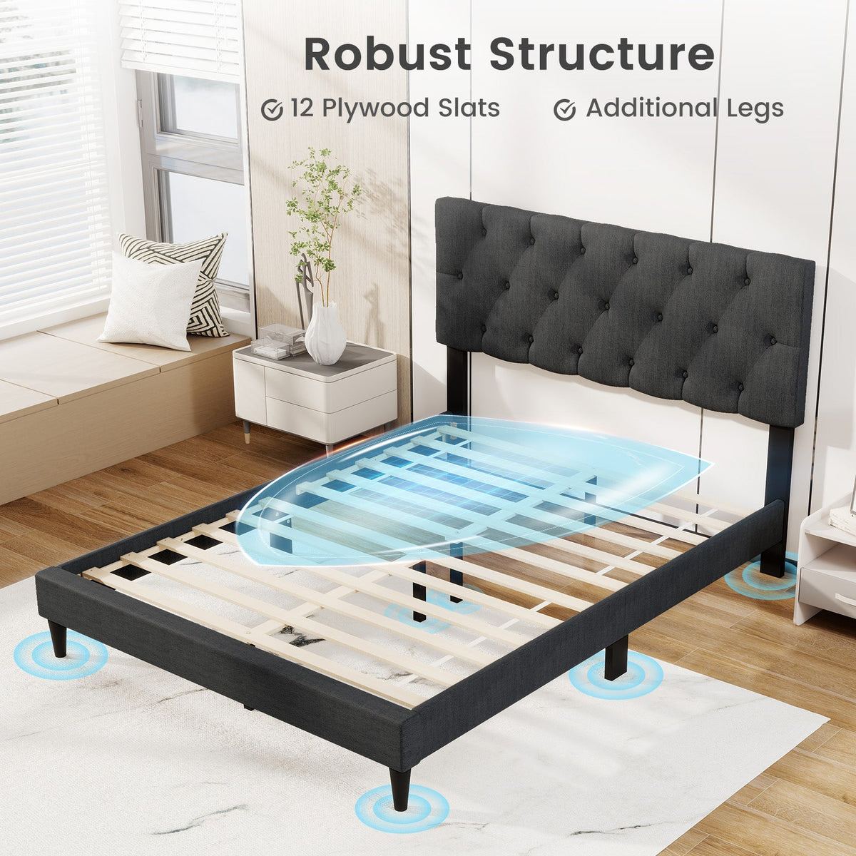 Upholstered Platform Bed with Tufted Headboard and Wooden Slats Gray