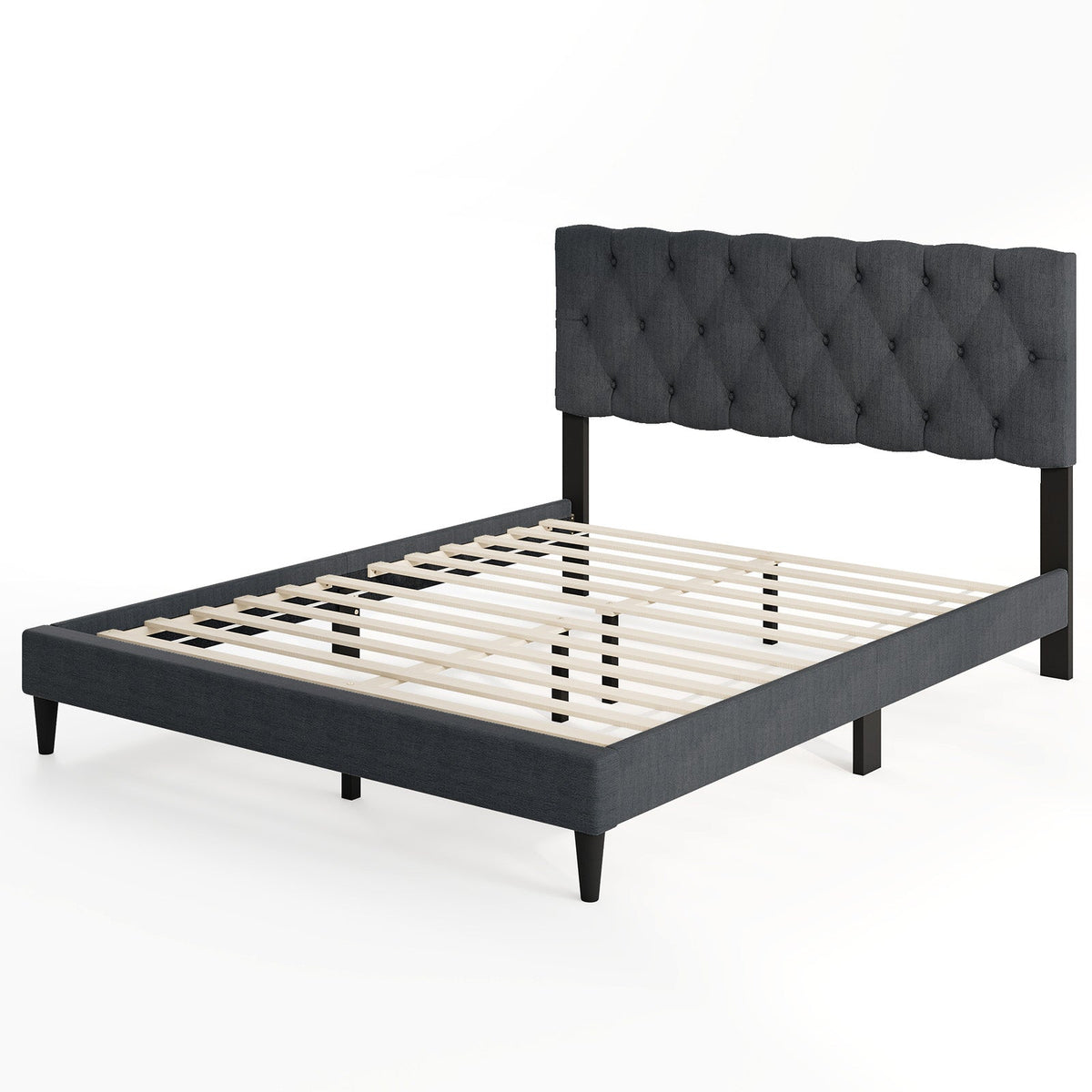 Upholstered Platform Bed with Tufted Headboard and Wooden Slats Gray