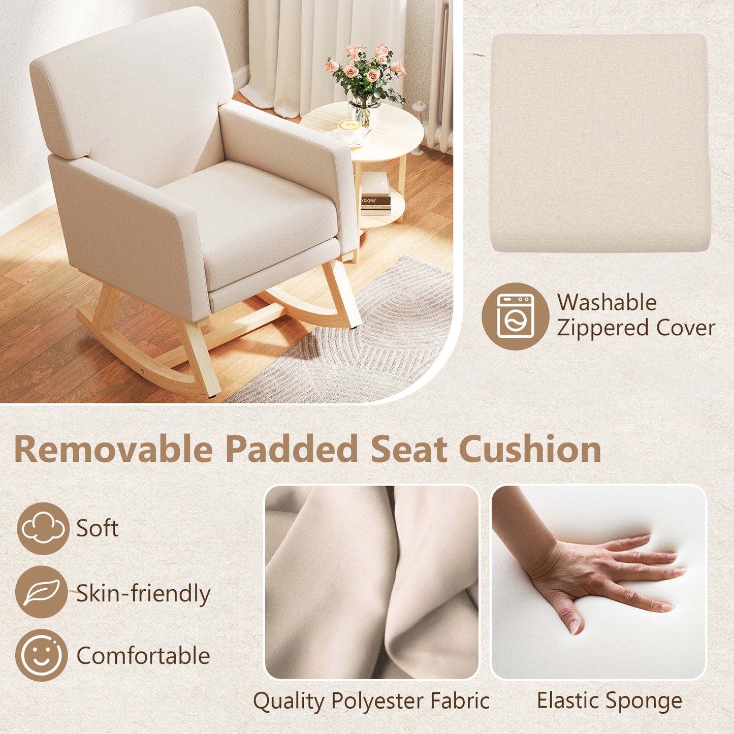 Upholstered Rocking Chair with Solid Wood Base