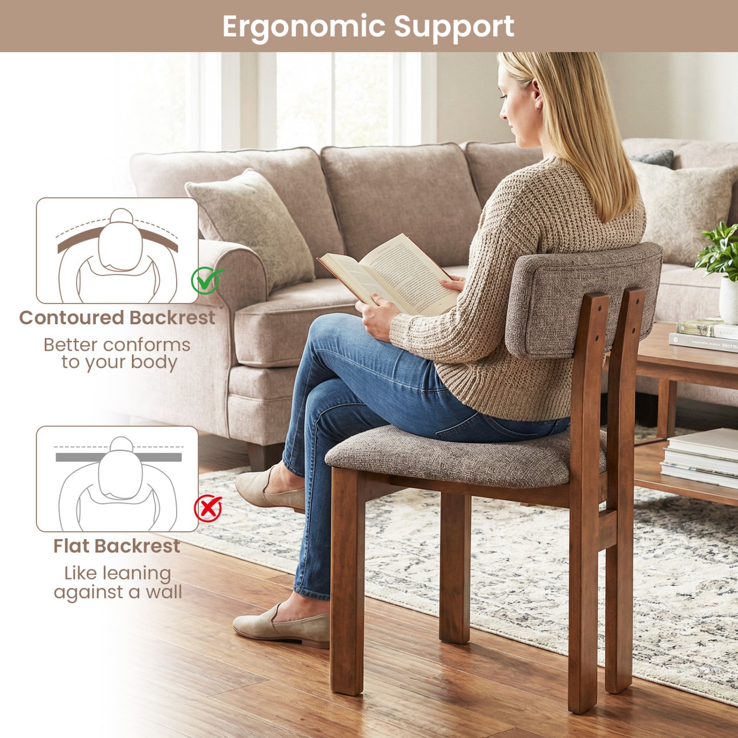 Upholstered Dining Chairs Set of 2 with Curved Backrest