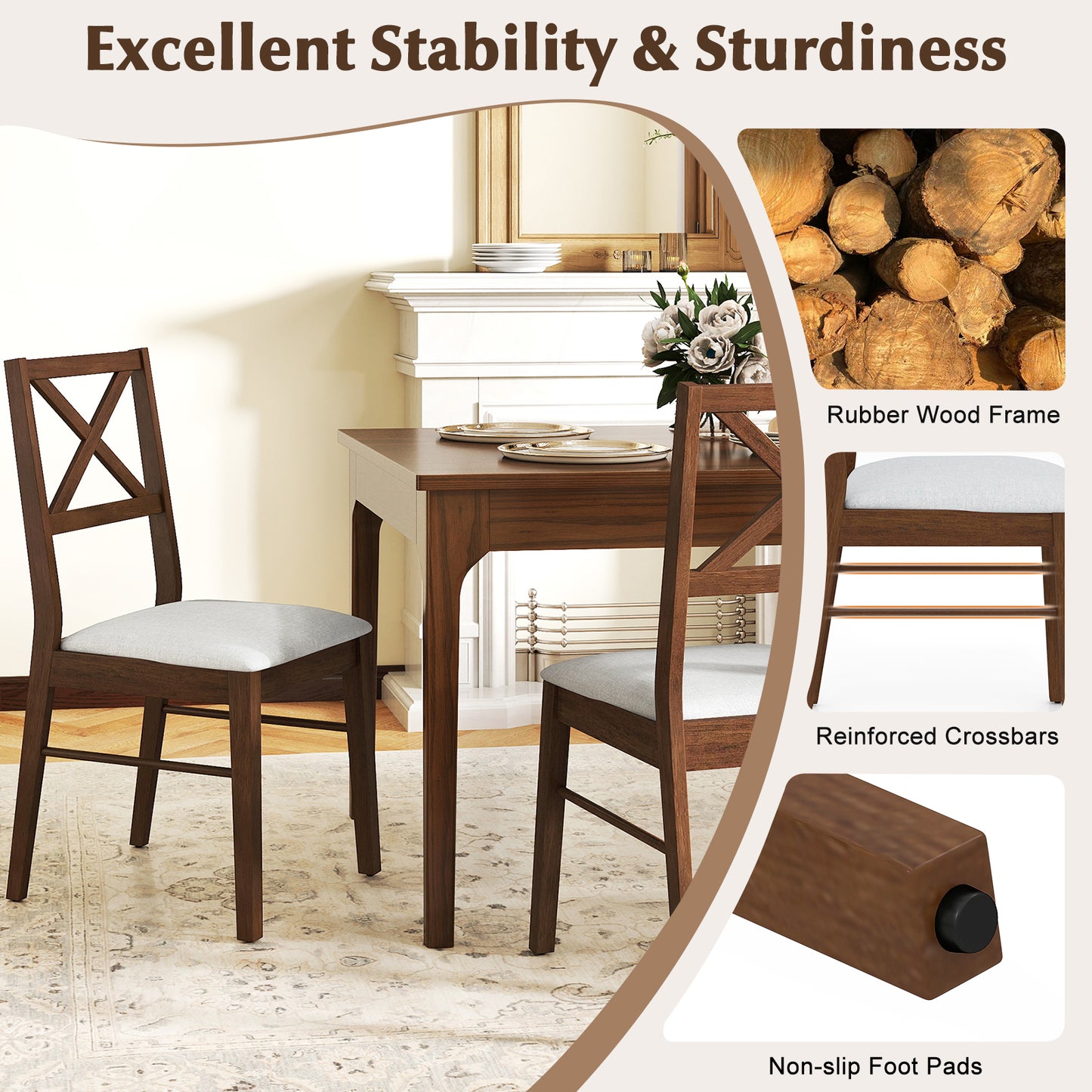 Upholstered Dining Chairs Set of 2 with Rubber Wood Frame