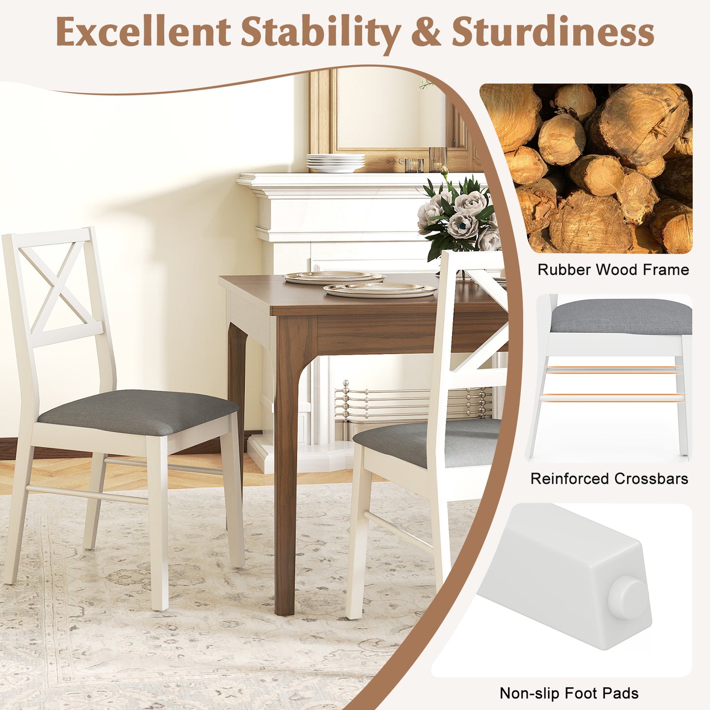 Upholstered Dining Chairs Set of 2 with Rubber Wood Frame