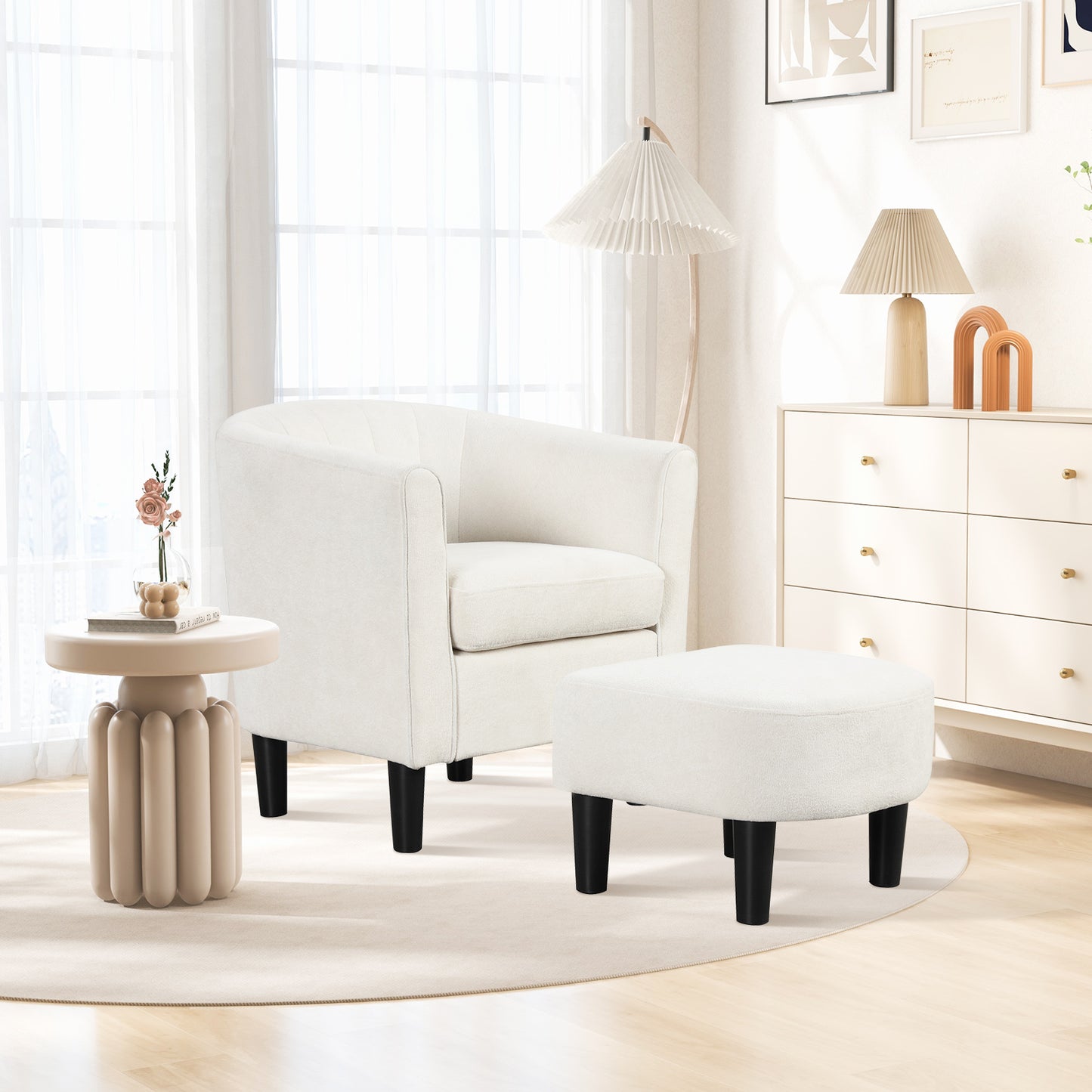 Upholstered Barrel Chair with Ottoman and Footrest