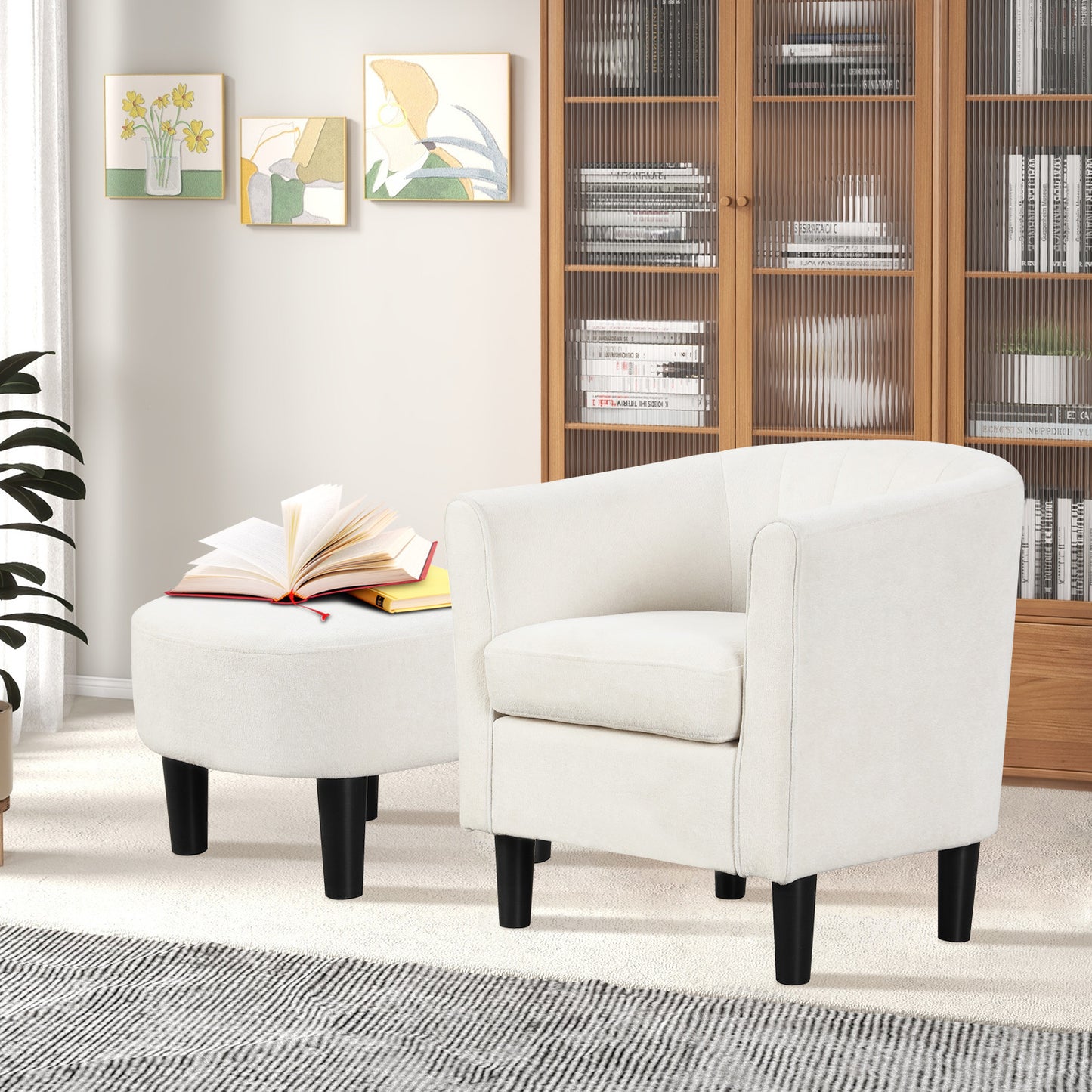 Upholstered Barrel Chair with Ottoman and Footrest