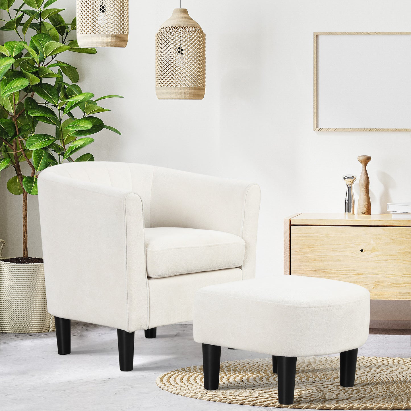 Upholstered Barrel Chair with Ottoman and Footrest