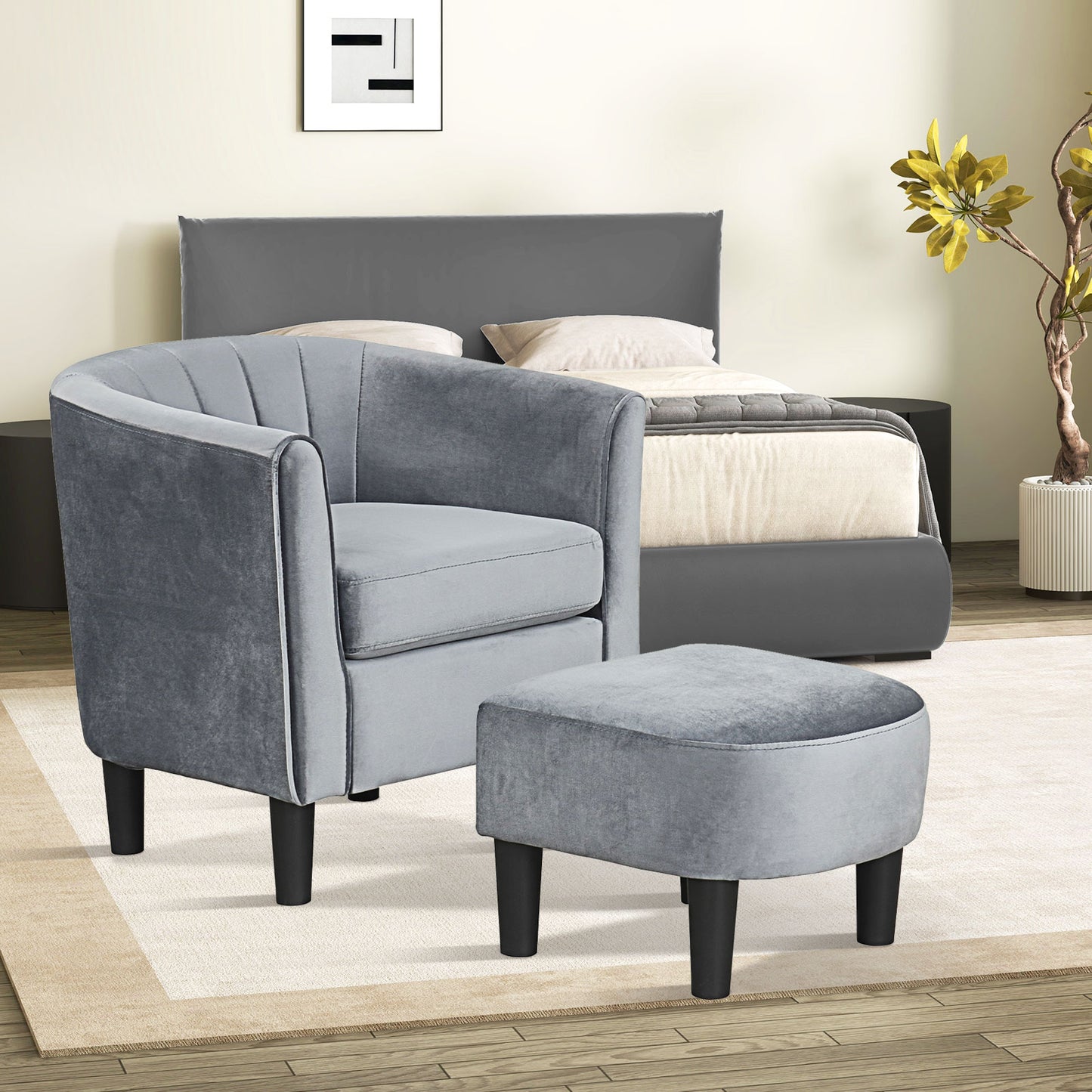 Upholstered Barrel Chair with Ottoman and Footrest
