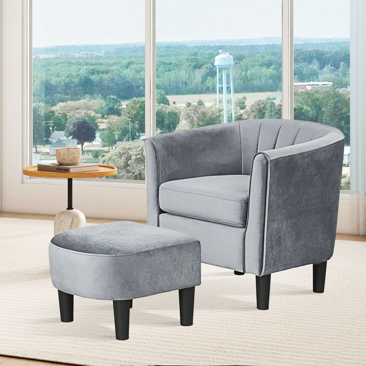 Upholstered Barrel Chair with Ottoman and Footrest