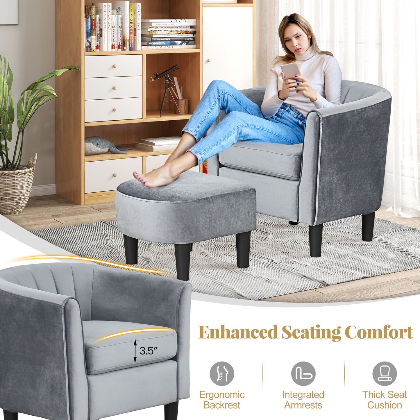 Upholstered Barrel Chair with Ottoman and Footrest