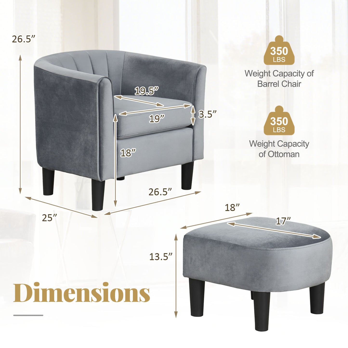 Upholstered Barrel Chair with Ottoman and Footrest