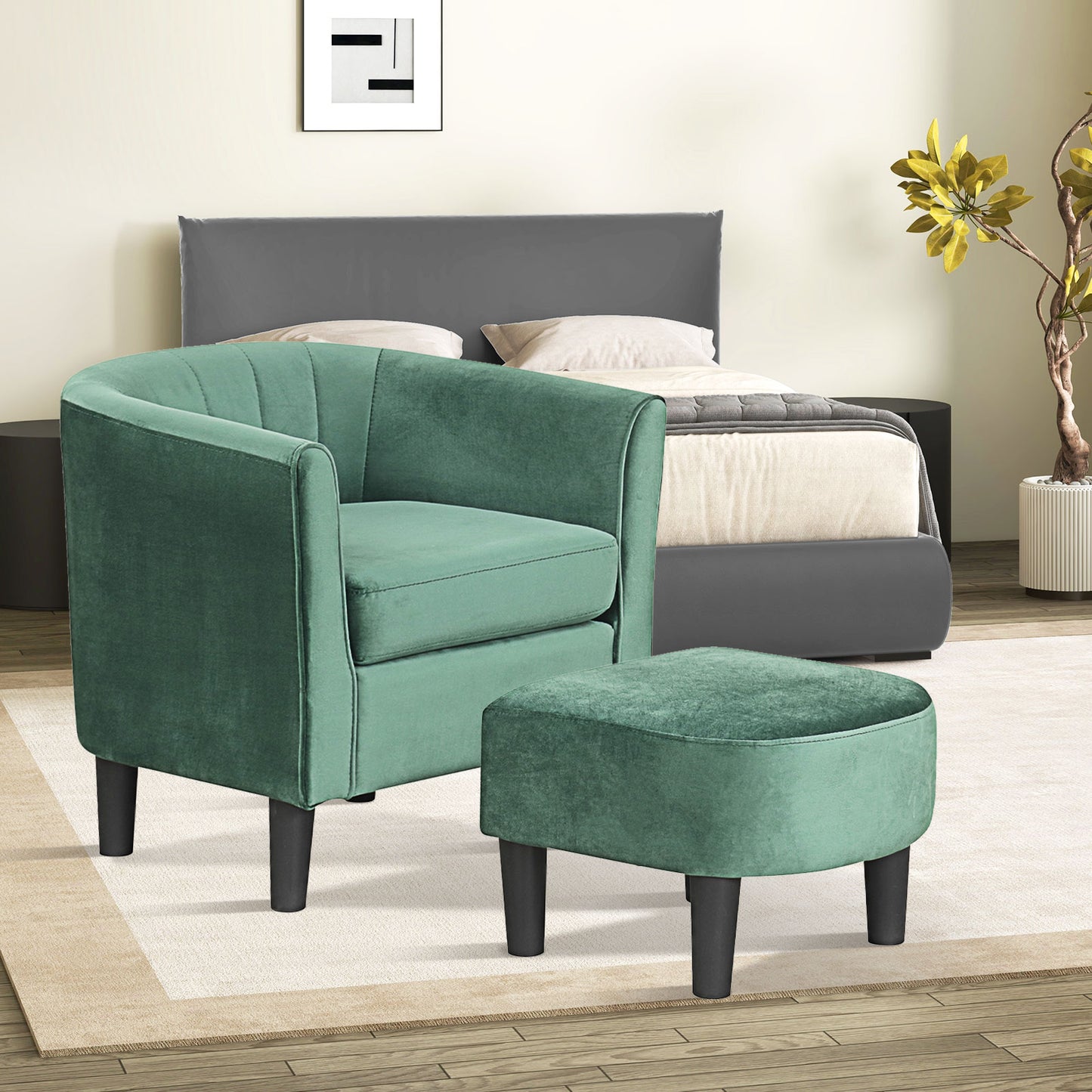 Upholstered Barrel Chair with Ottoman and Footrest