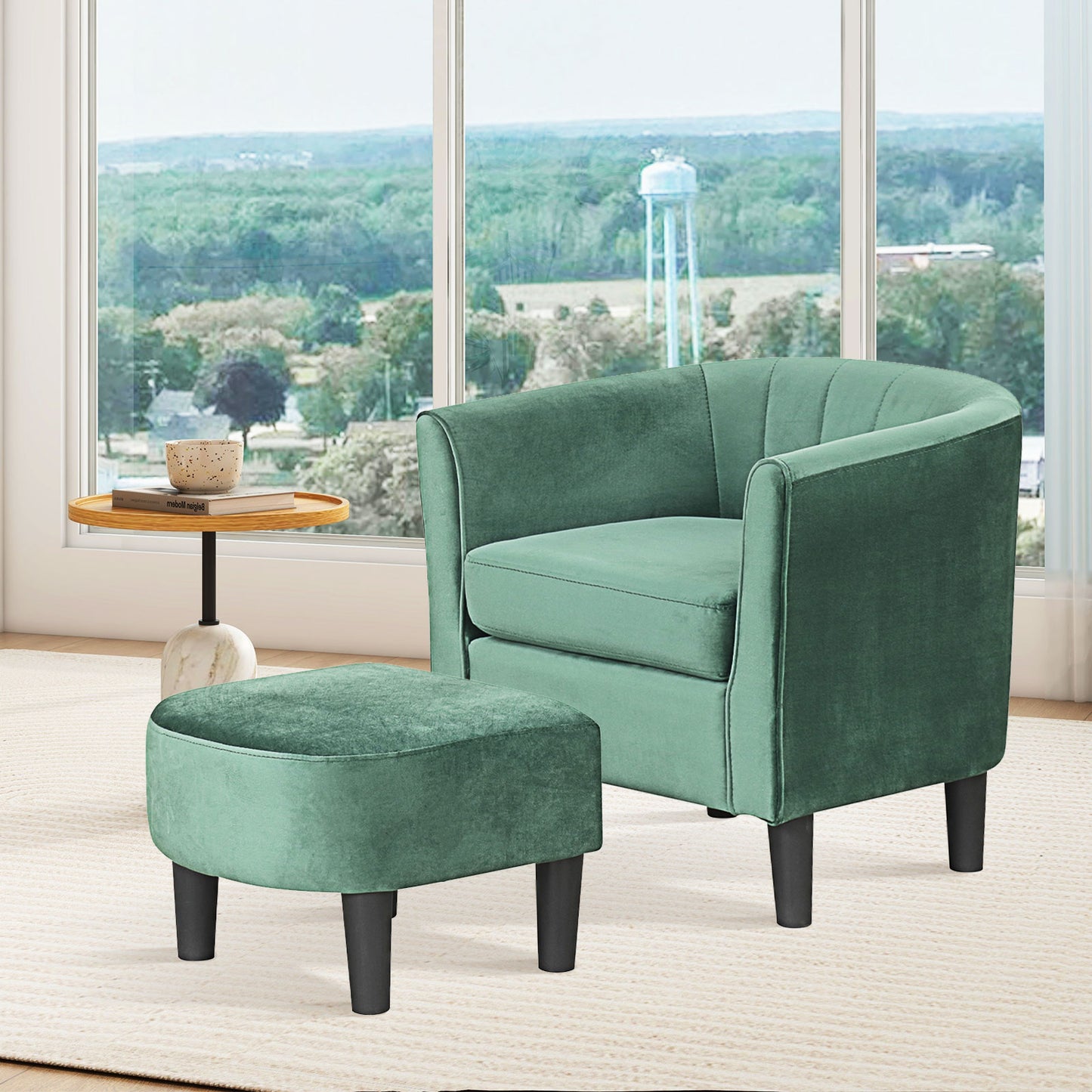 Upholstered Barrel Chair with Ottoman and Footrest