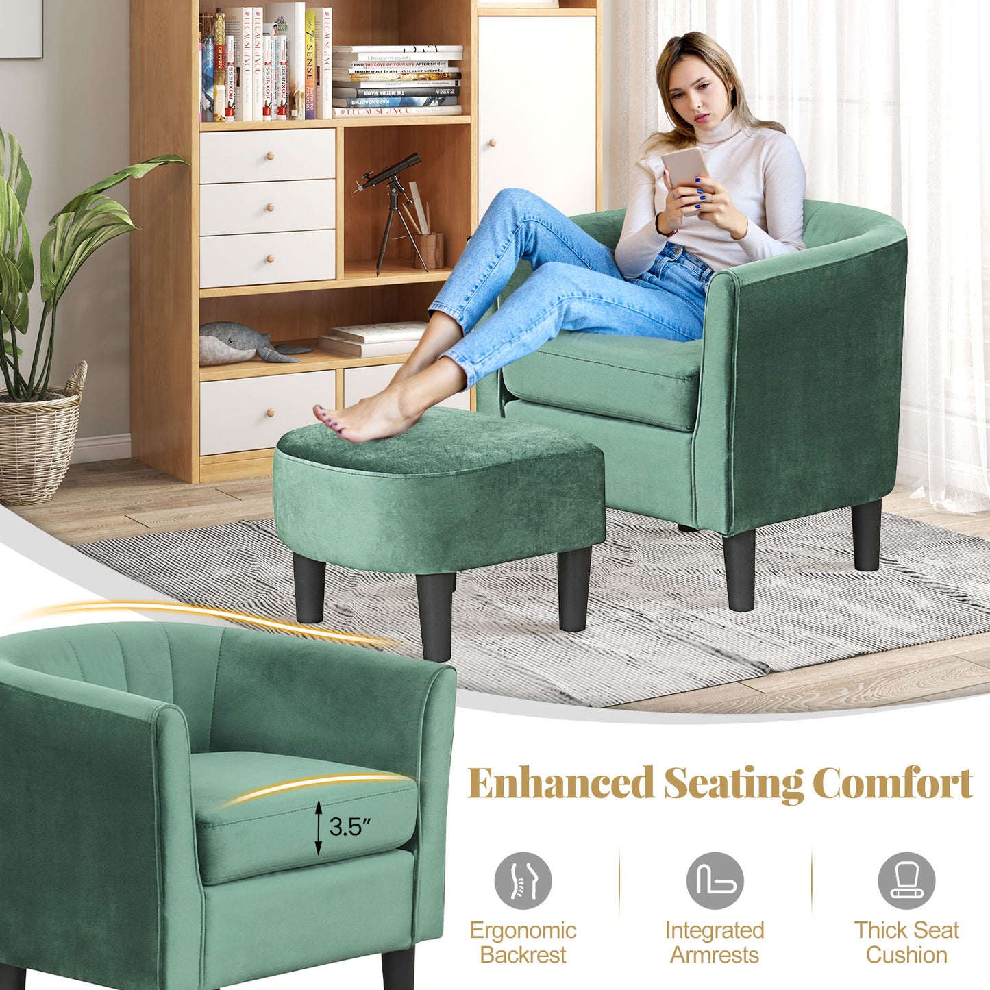Upholstered Barrel Chair with Ottoman and Footrest