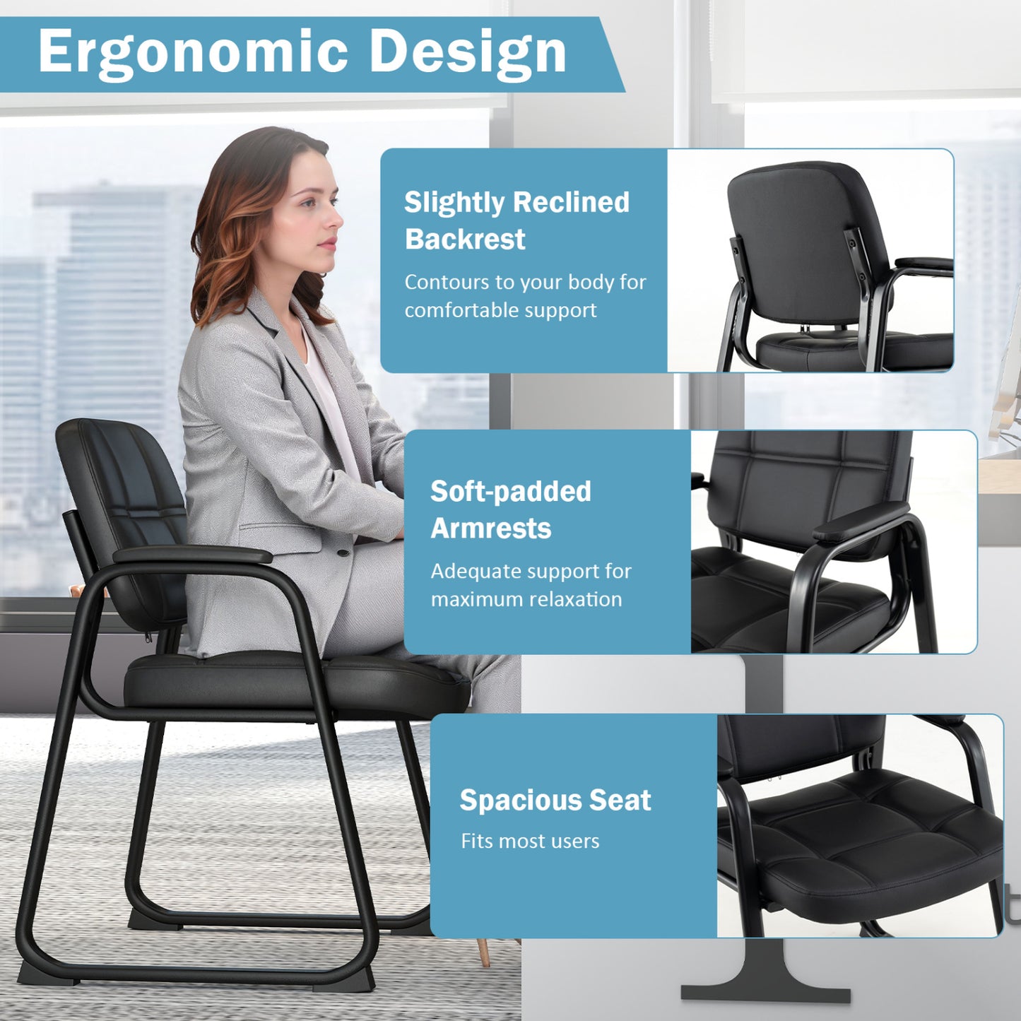 Guest Chair Set of 2 with Armrests - Black PU Leather