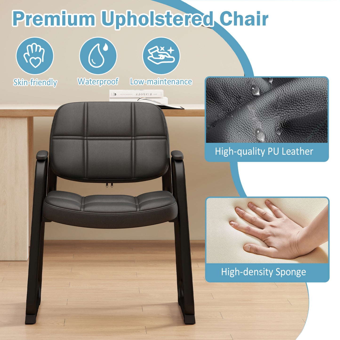 Guest Chair Set of 2 with Armrests - Black PU Leather
