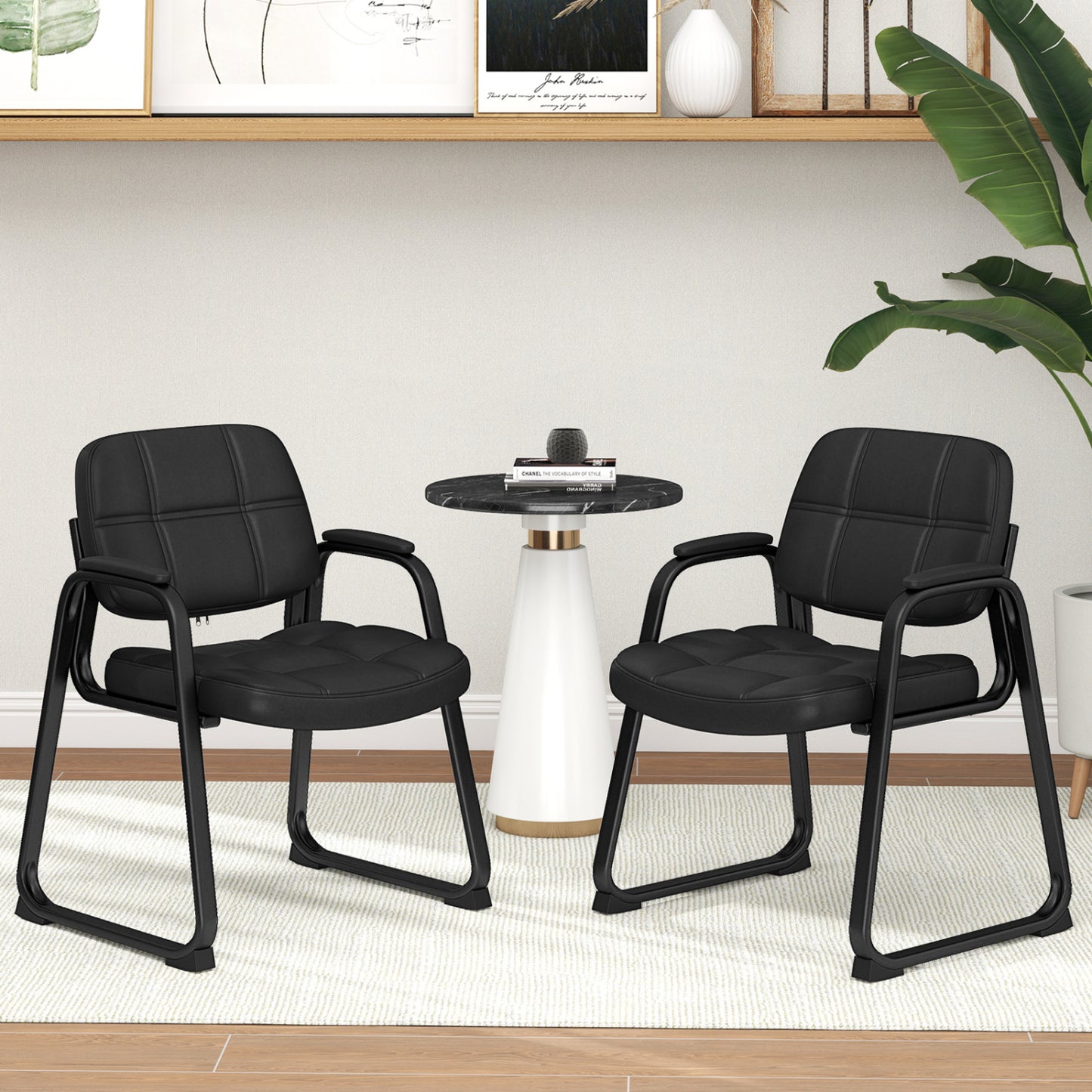 Guest Chair Set of 2 with Armrests - Black PU Leather