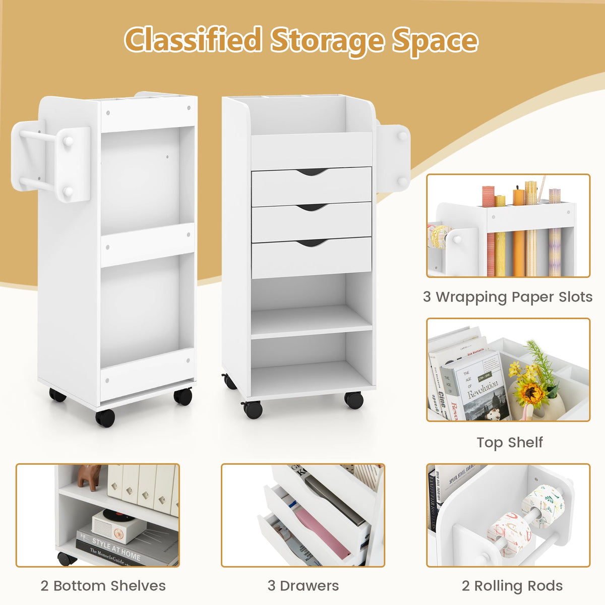 Utility Trolley with Open Shelves and 3 Drawers-White