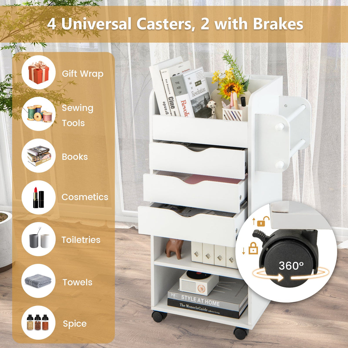 Utility Trolley with Open Shelves and 3 Drawers-White