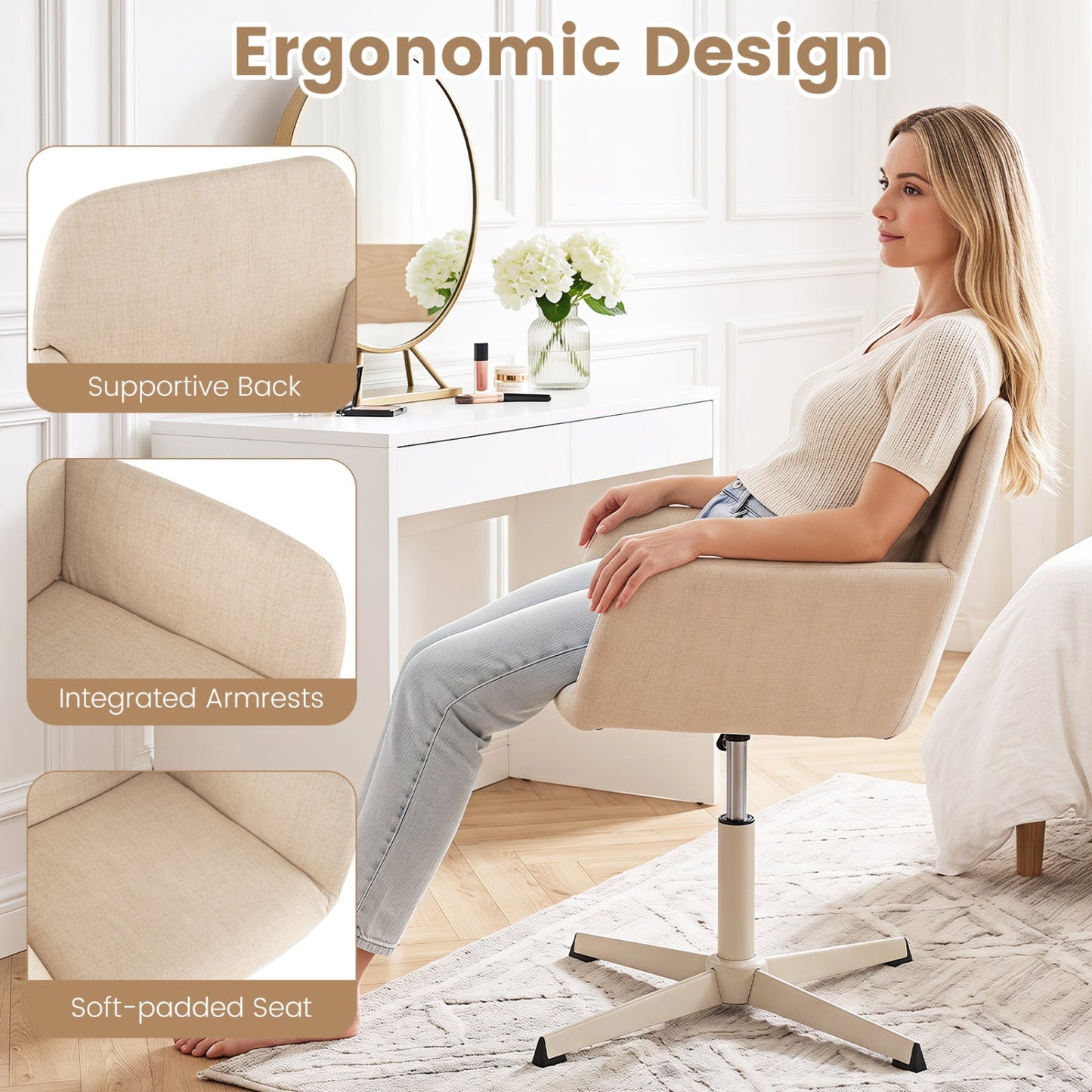 Swivel Vanity Chair with Adjustable Height and Back Support
