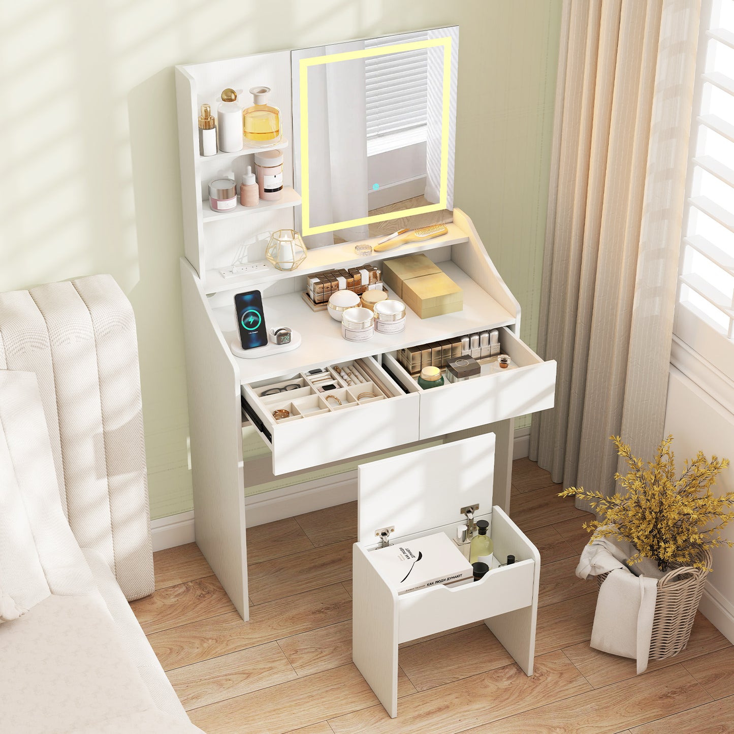 LED Lighted Makeup Vanity Desk with Stool and Charging Station