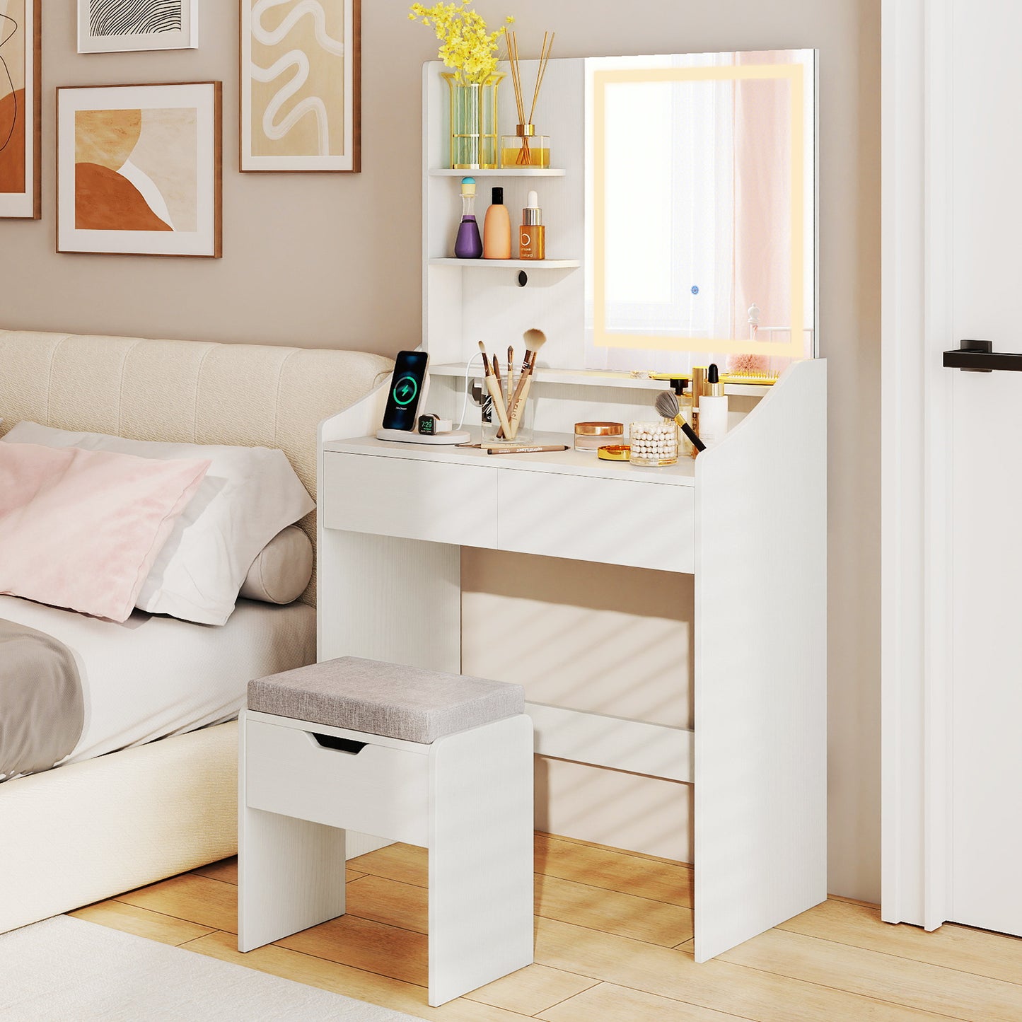 LED Lighted Makeup Vanity Desk with Stool and Charging Station