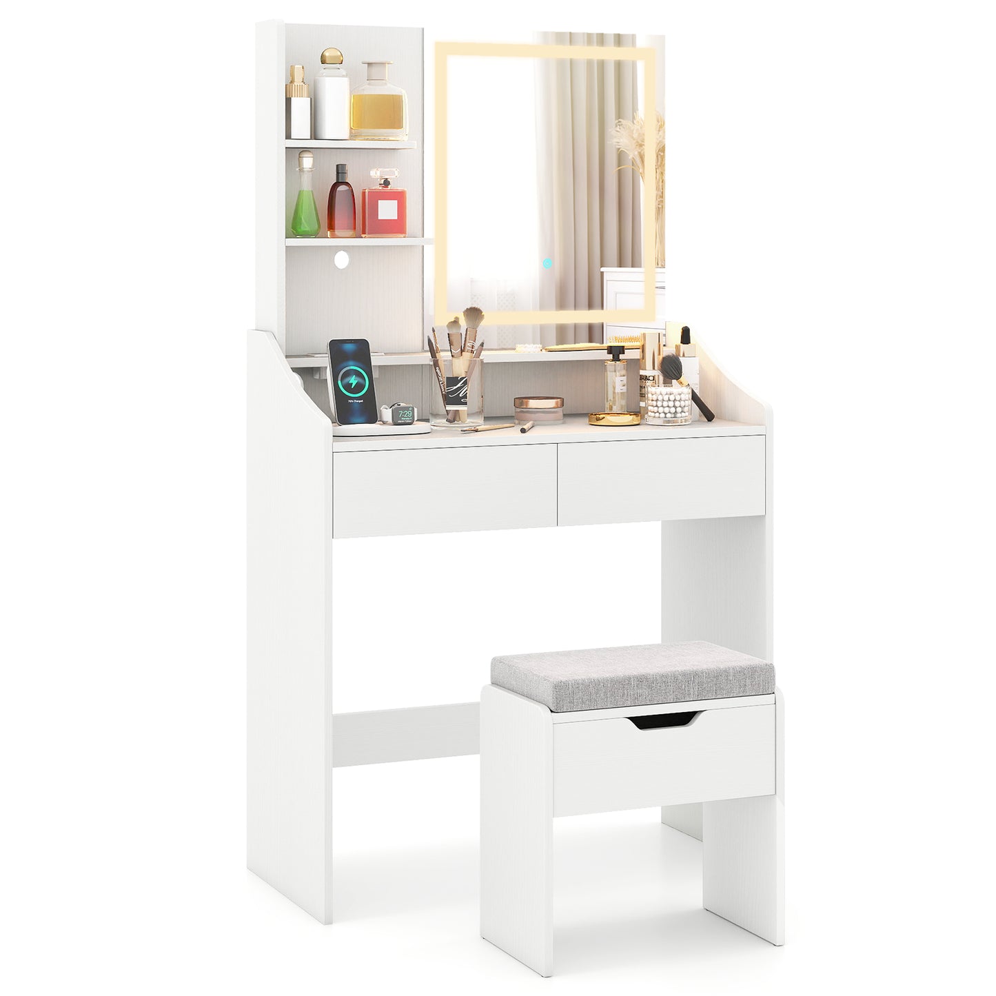 LED Lighted Makeup Vanity Desk with Stool and Charging Station