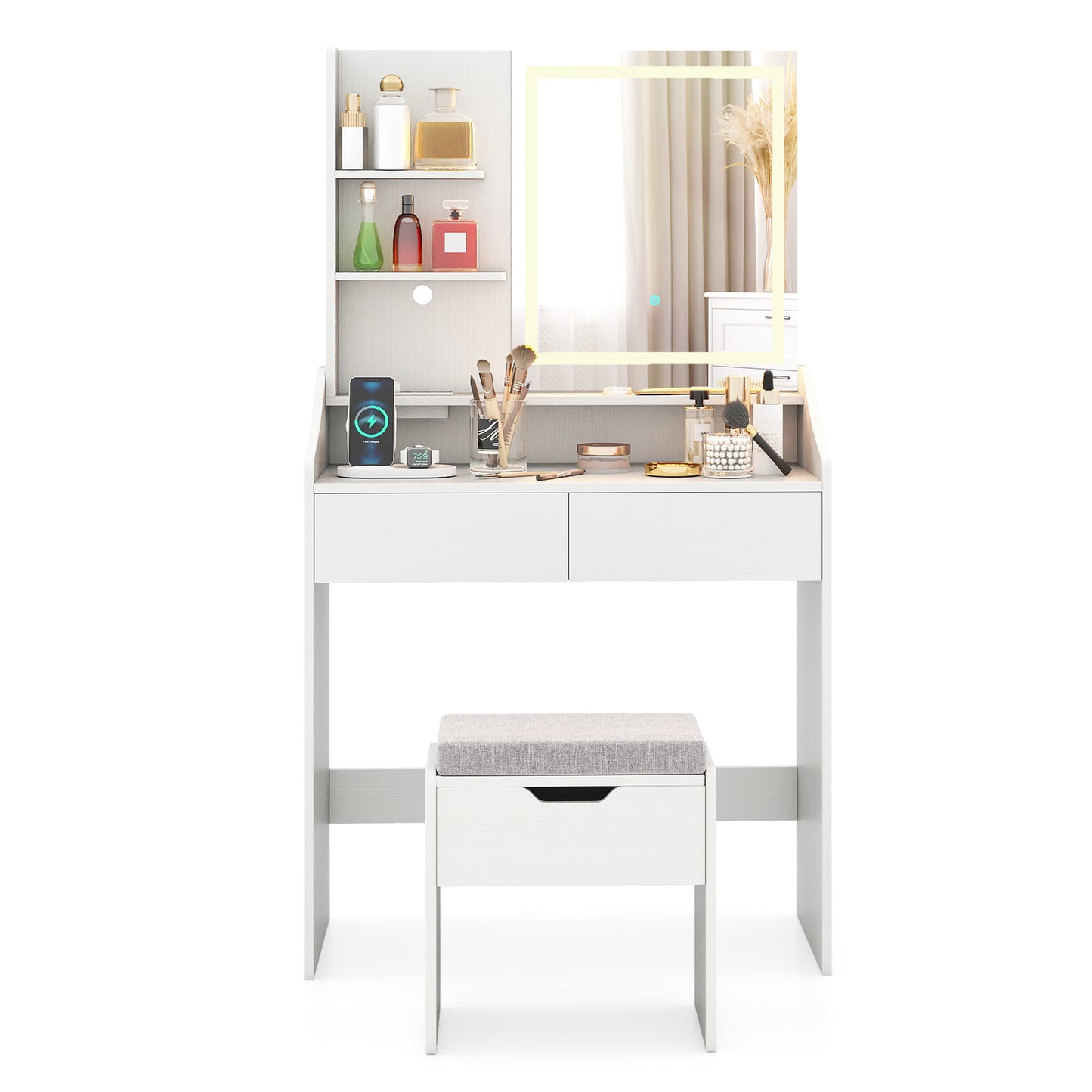 LED Lighted Makeup Vanity Desk with Stool and Charging Station