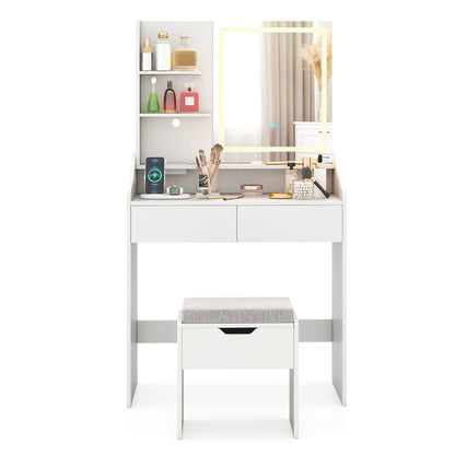 LED Lighted Makeup Vanity Desk with Stool and Charging Station