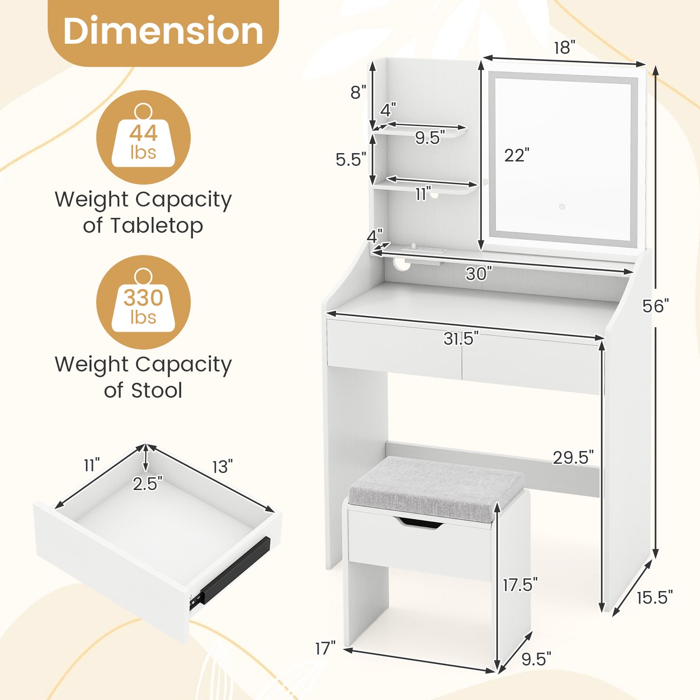 LED Lighted Makeup Vanity Desk with Stool and Charging Station