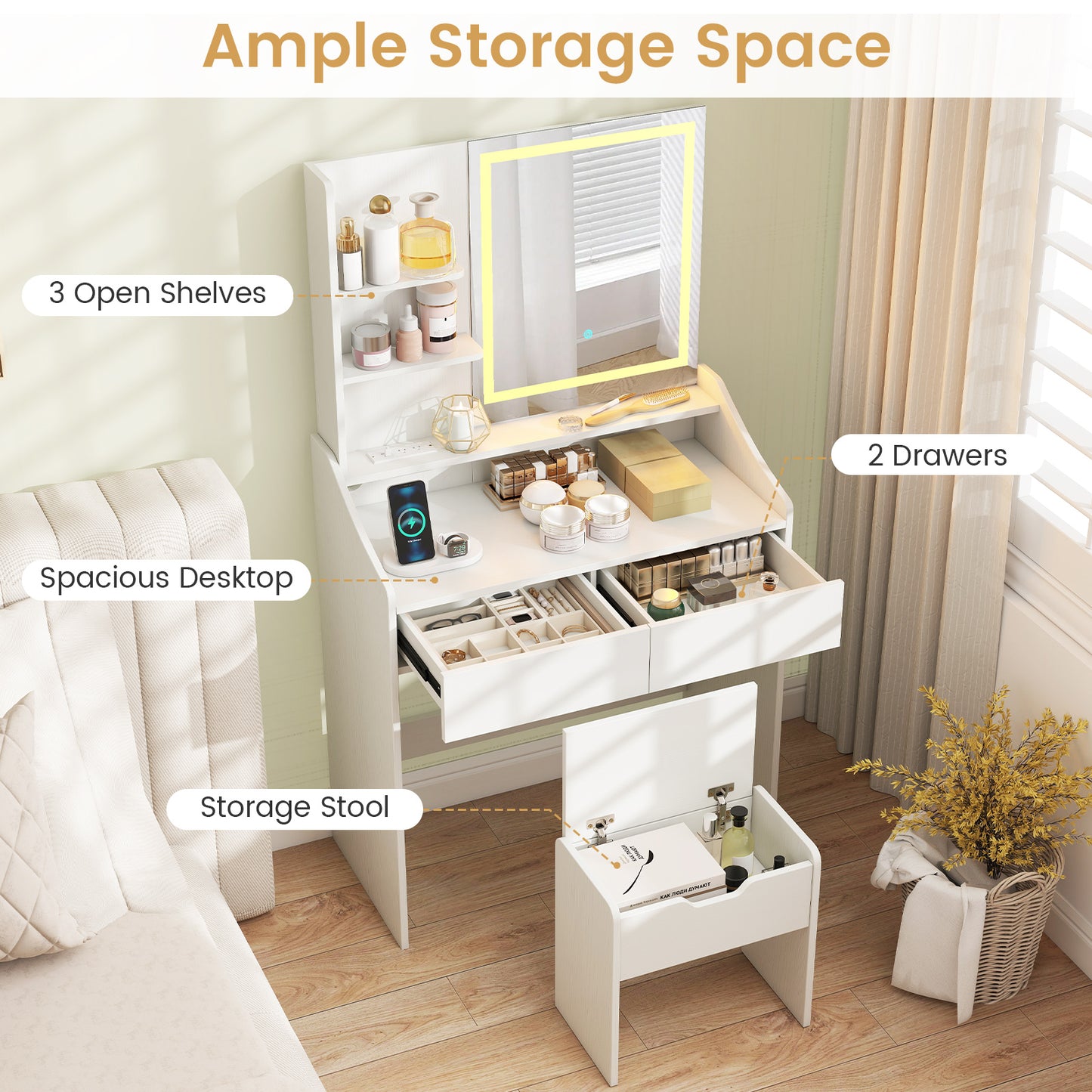 LED Lighted Makeup Vanity Desk with Stool and Charging Station