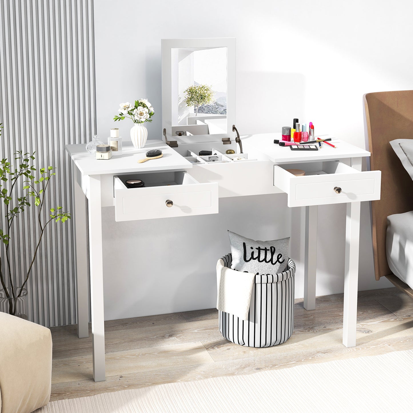 Flip Top Vanity Desk with Mirror and Drawers - White