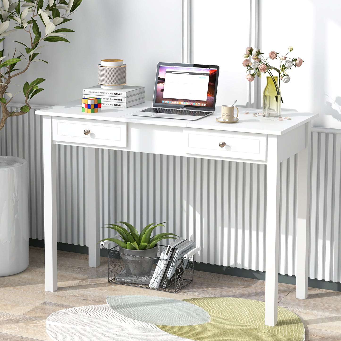 Flip Top Vanity Desk with Mirror and Drawers - White