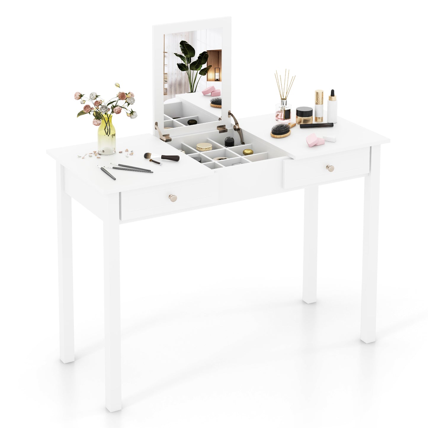Flip Top Vanity Desk with Mirror and Drawers - White