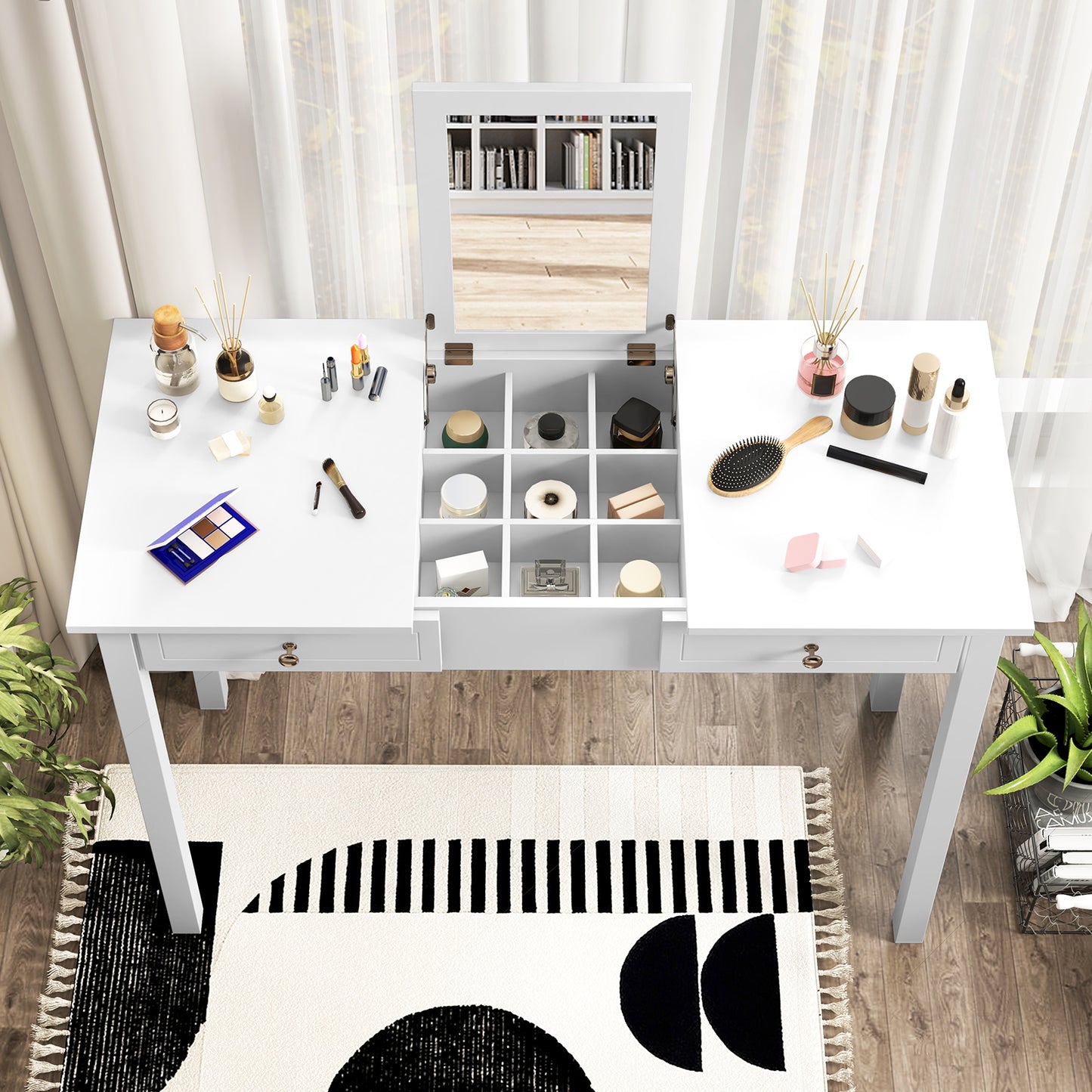 Flip Top Vanity Desk with Mirror and Drawers - White