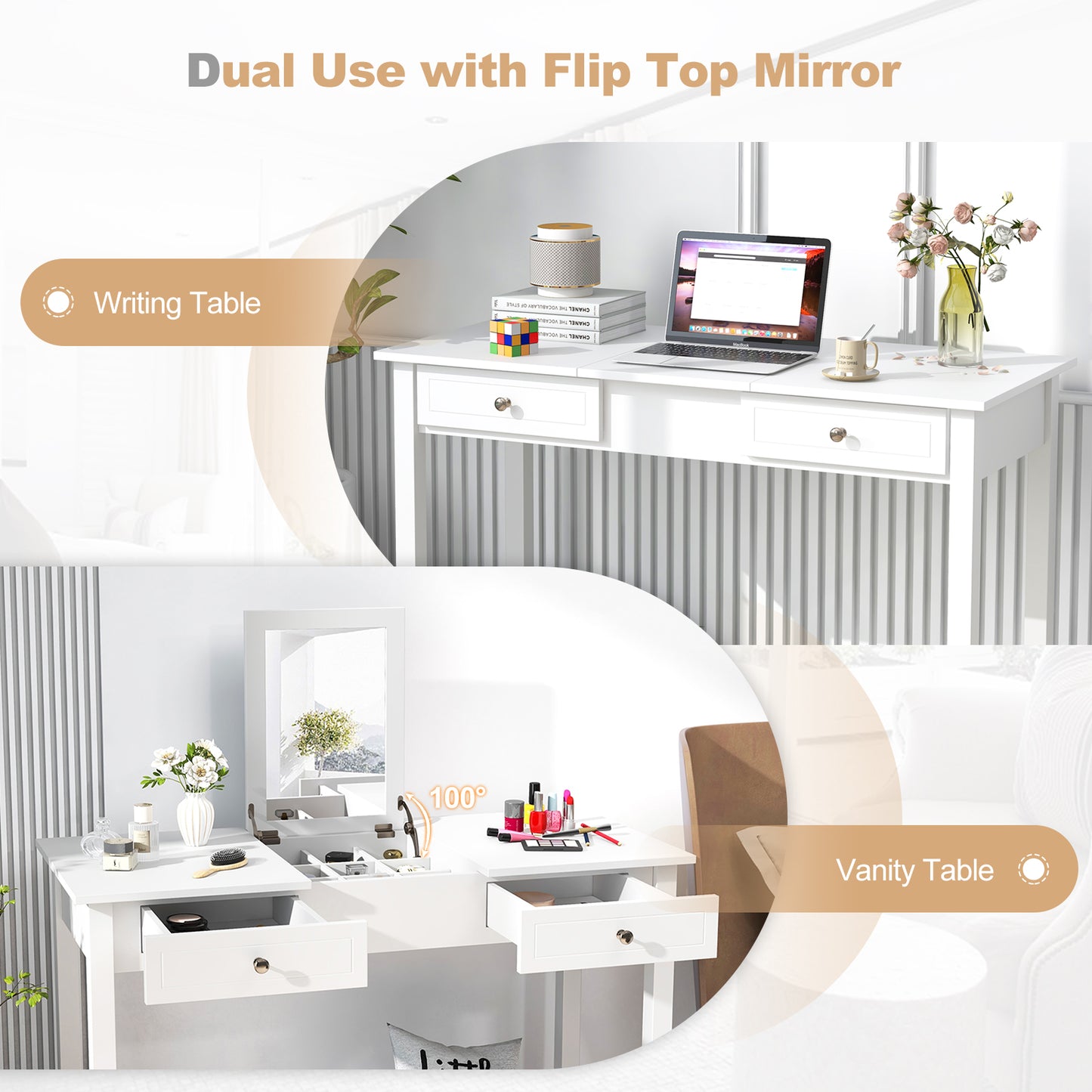 Flip Top Vanity Desk with Mirror and Drawers - White