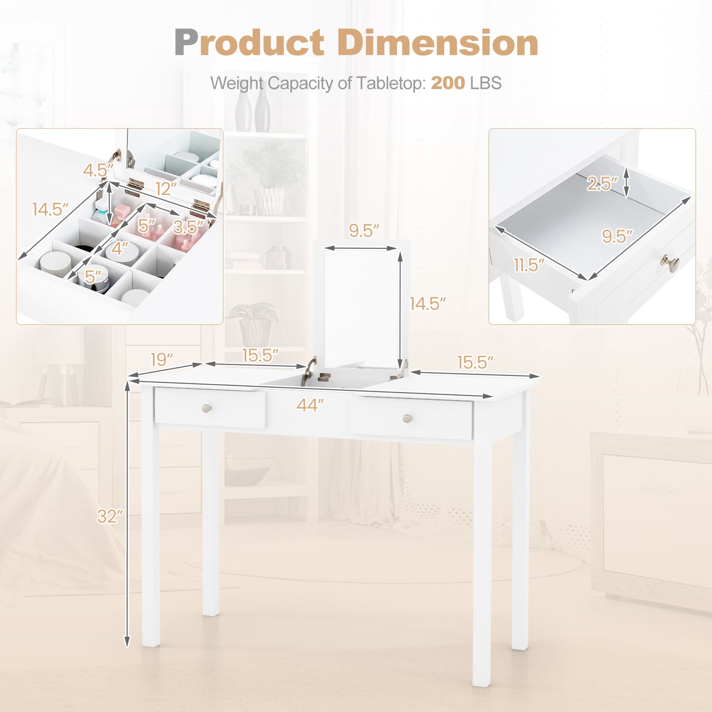 Flip Top Vanity Desk with Mirror and Drawers - White