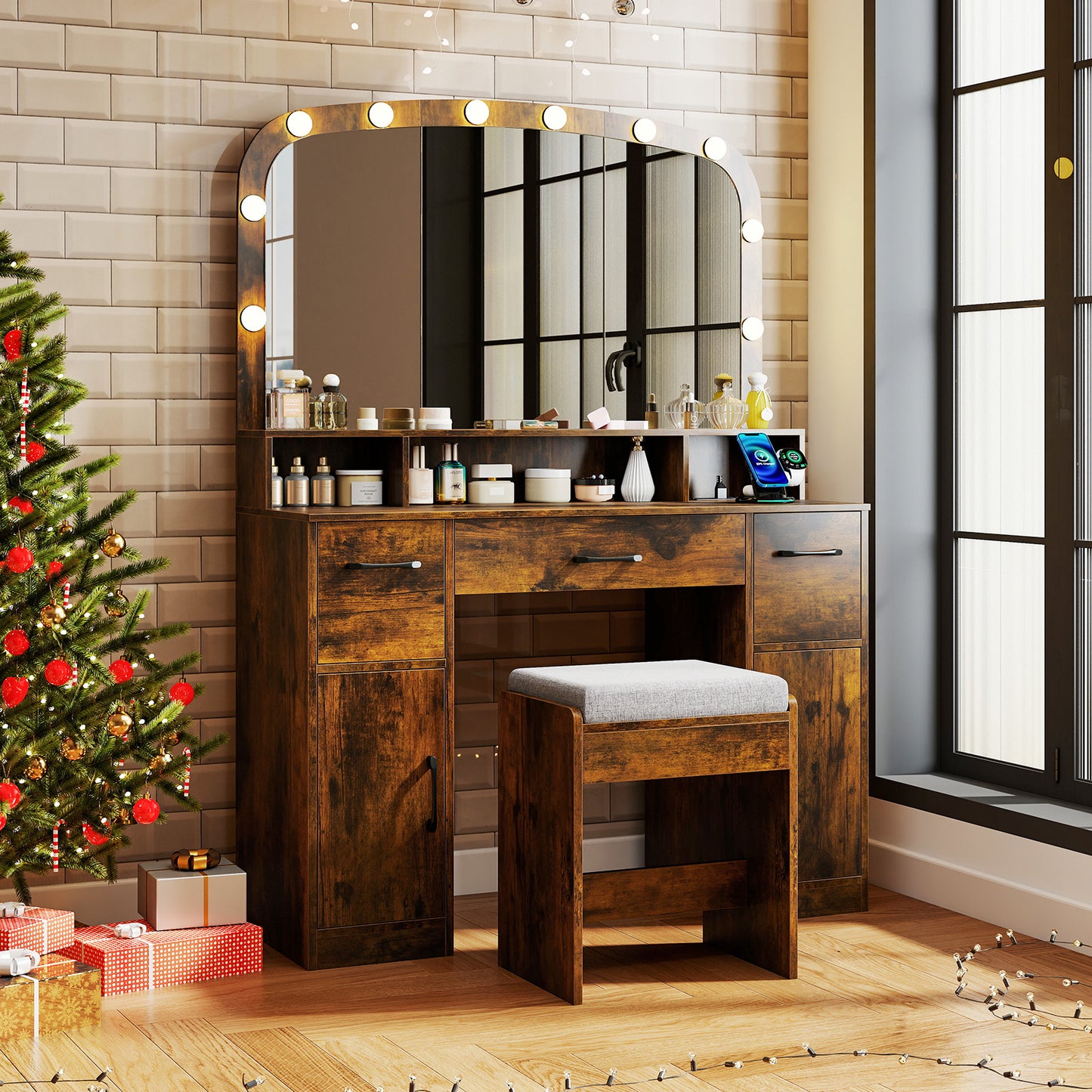 Makeup Vanity Desk with Lighted Mirror, Stool & Charging Station