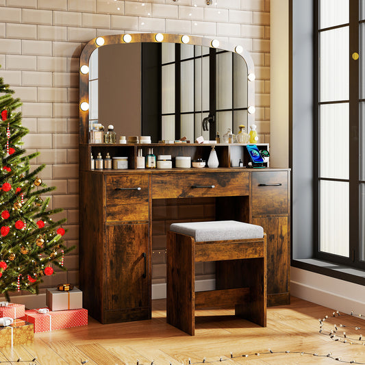 Makeup Vanity Desk with Lighted Mirror, Stool & Charging Station