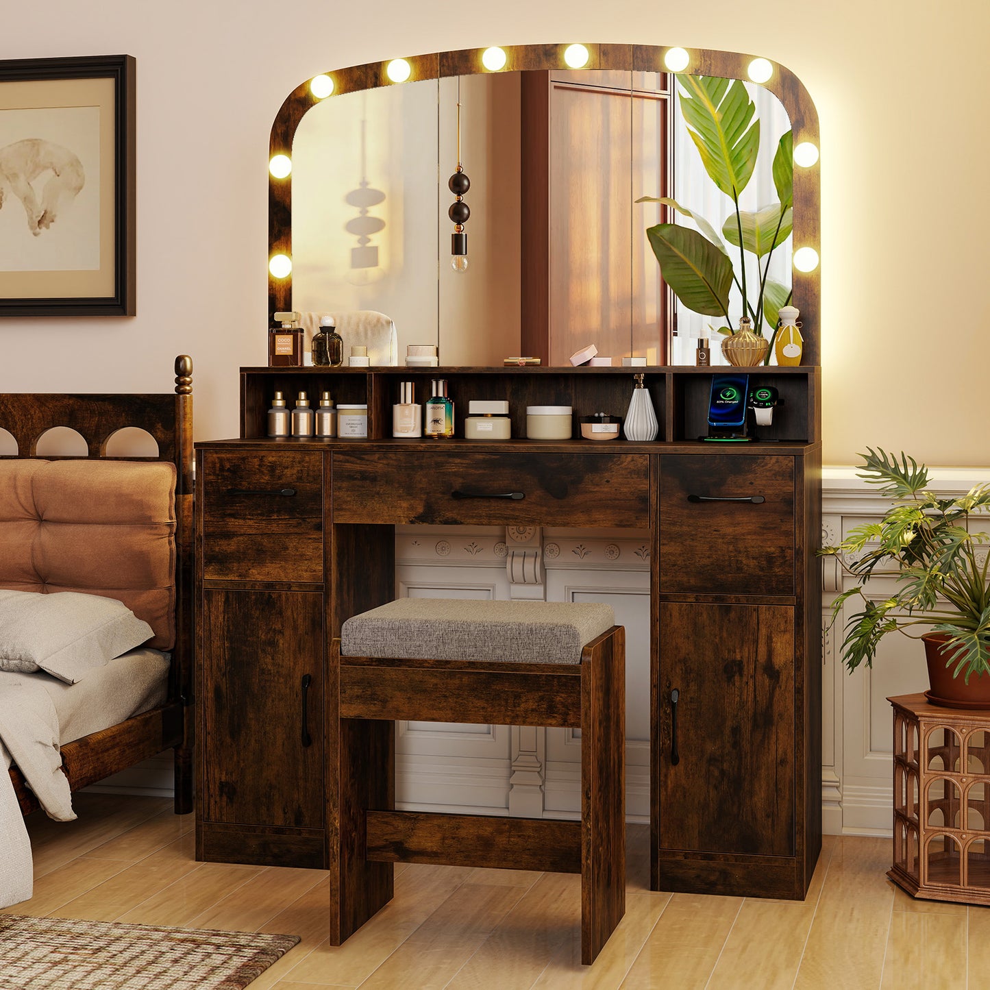 Makeup Vanity Desk with Lighted Mirror, Stool & Charging Station