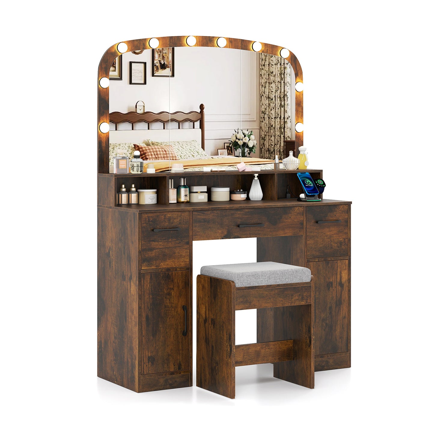 Makeup Vanity Desk with Lighted Mirror, Stool & Charging Station