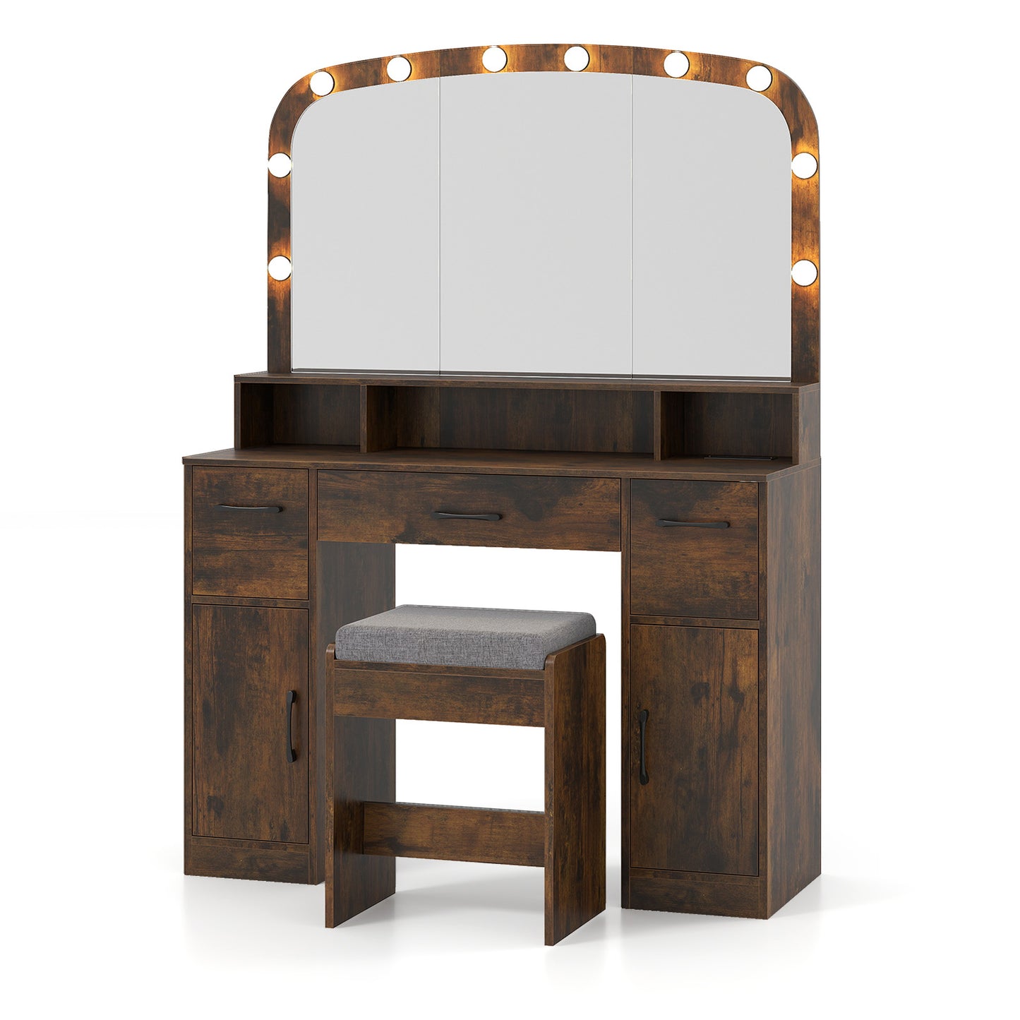 Makeup Vanity Desk with Lighted Mirror, Stool & Charging Station