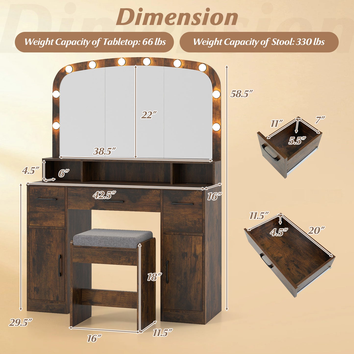 Makeup Vanity Desk with Lighted Mirror, Stool & Charging Station