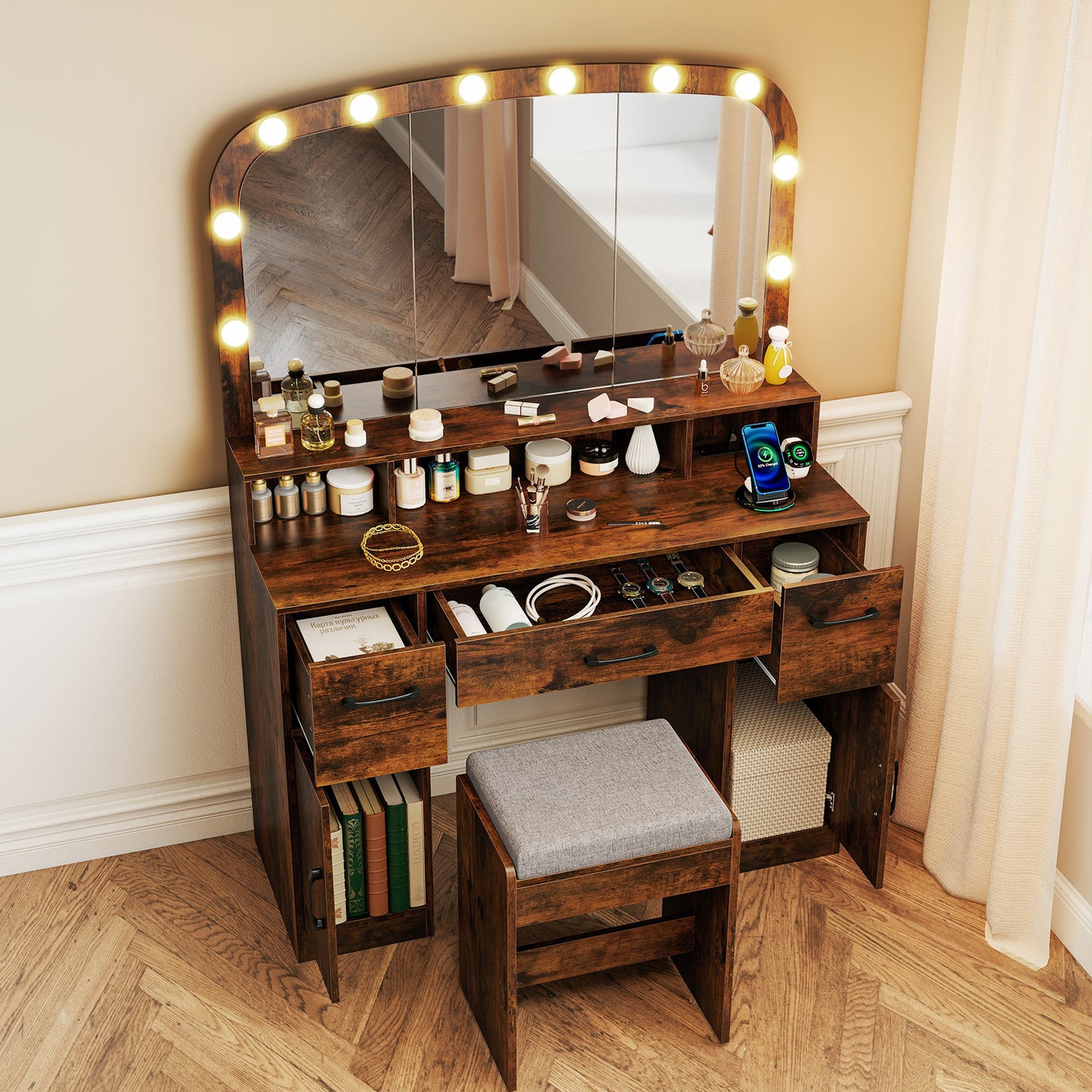 Makeup Vanity Desk with Lighted Mirror, Stool & Charging Station