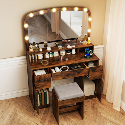 Makeup Vanity Desk with Lighted Mirror, Stool & Charging Station