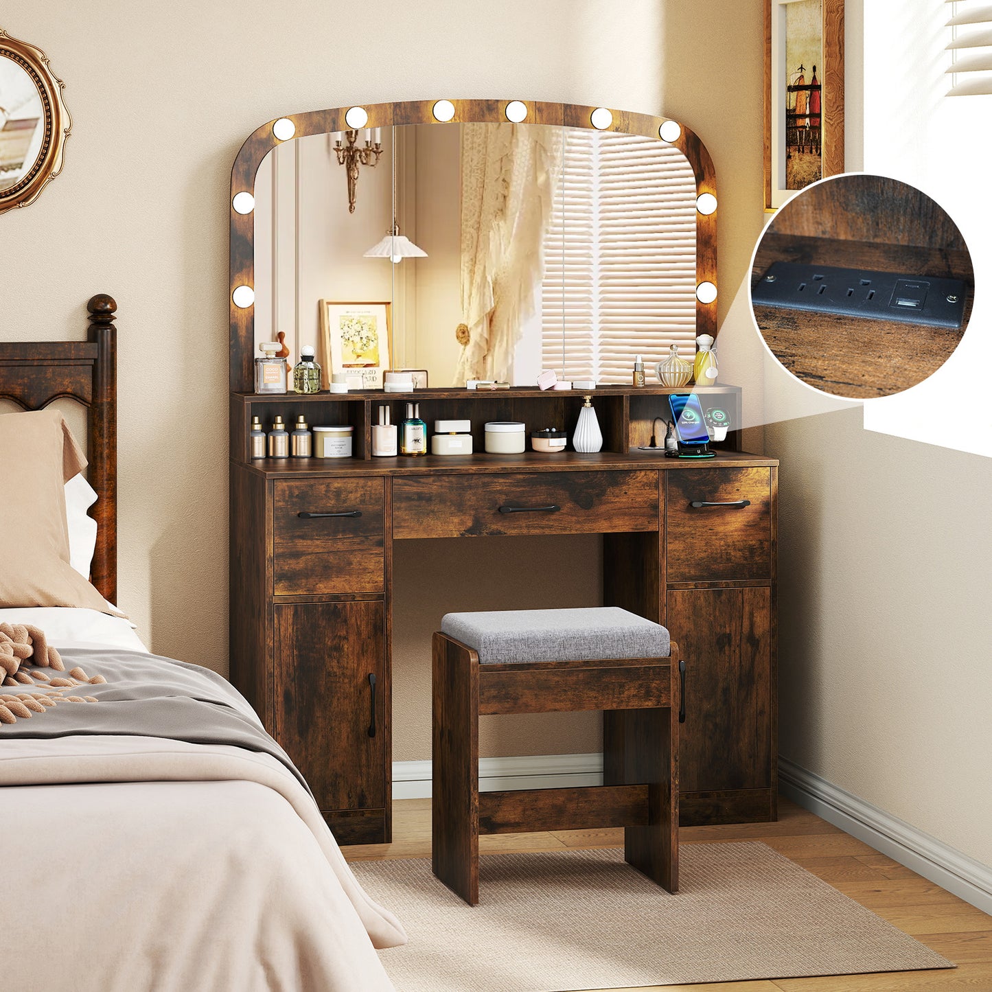 Makeup Vanity Desk with Lighted Mirror, Stool & Charging Station
