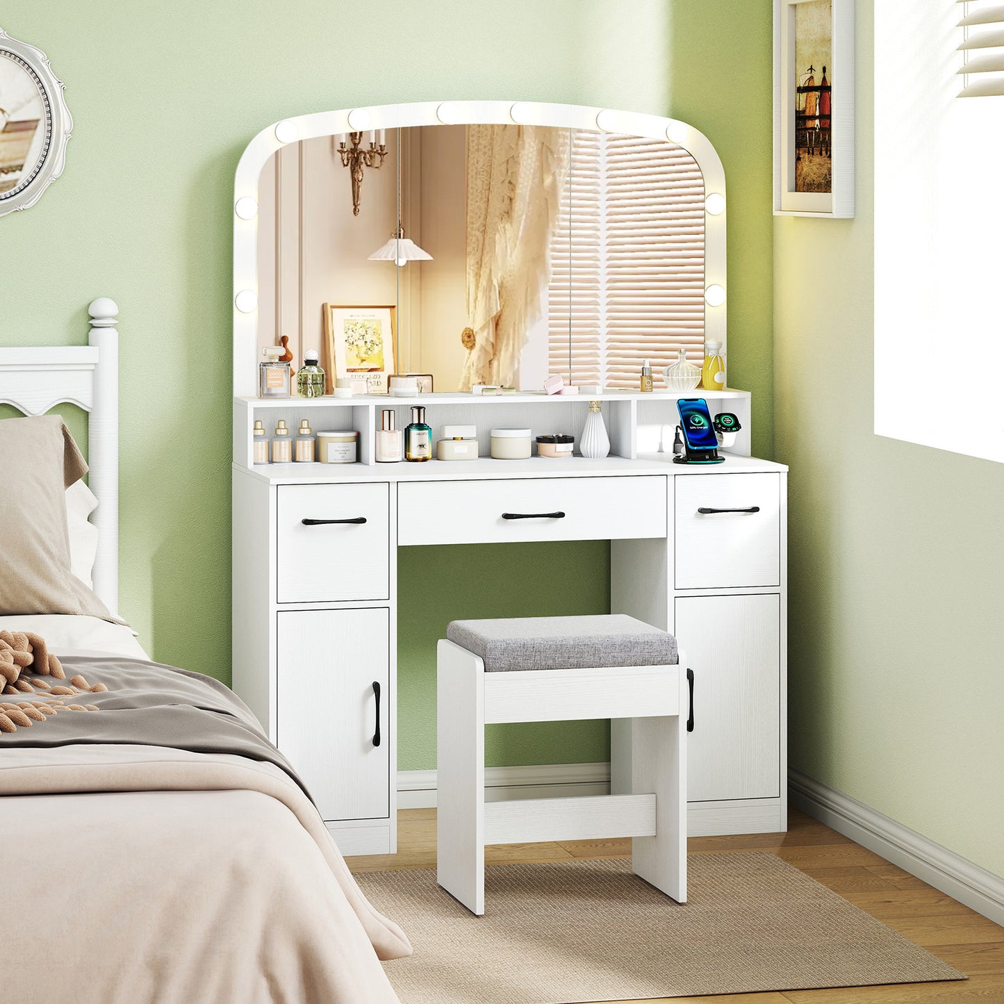 Makeup Vanity Desk with Lighted Mirror, Stool & Charging Station