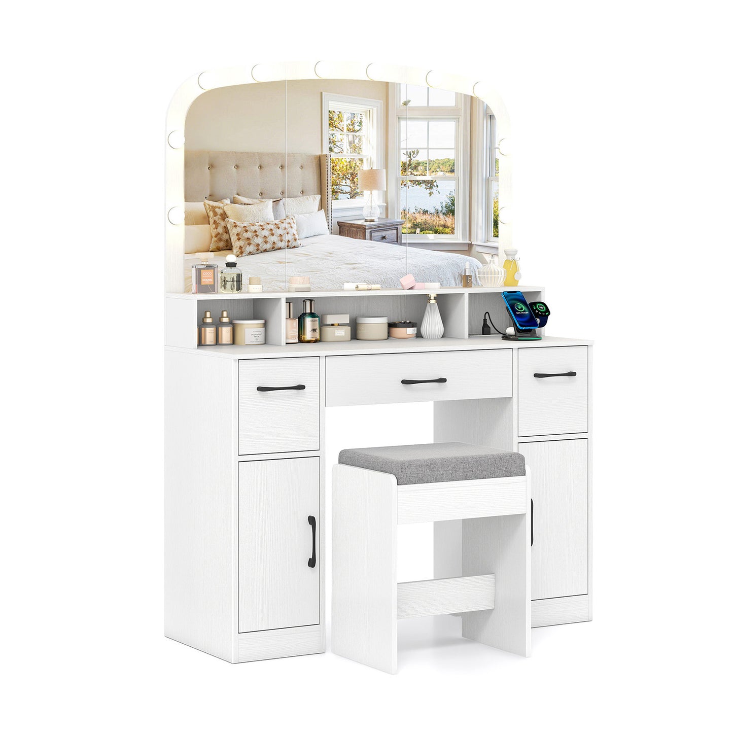 Makeup Vanity Desk with Lighted Mirror, Stool & Charging Station